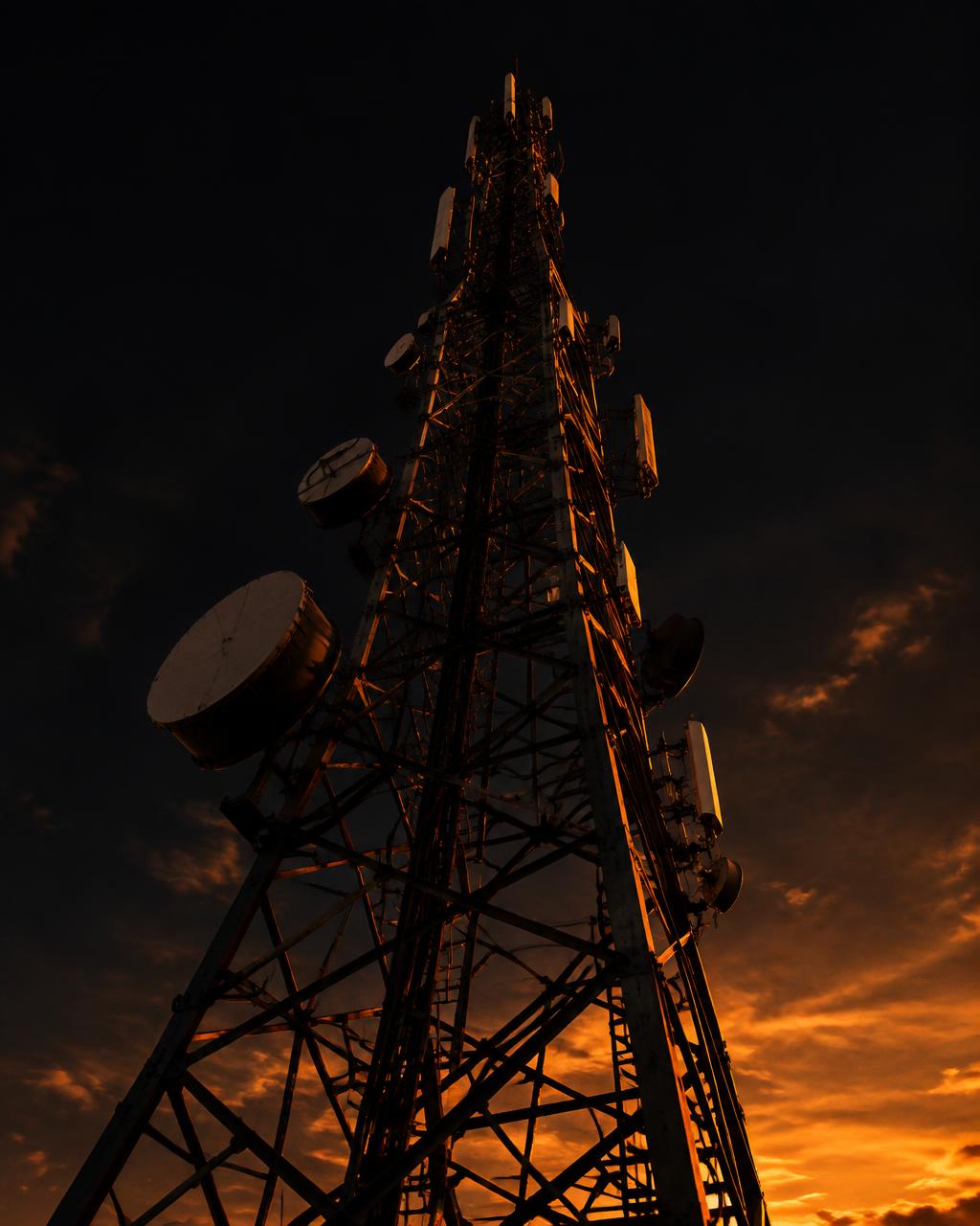 Steel lattice telecommunications tower at dusk